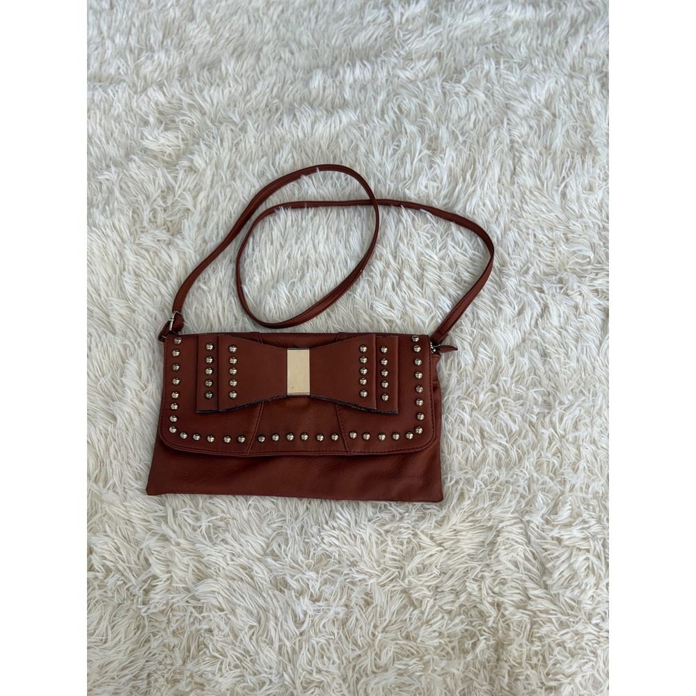Studded Bow Clutch Shoulder Bag Brown Purse Convertible‎ Handbag Evening Bag
